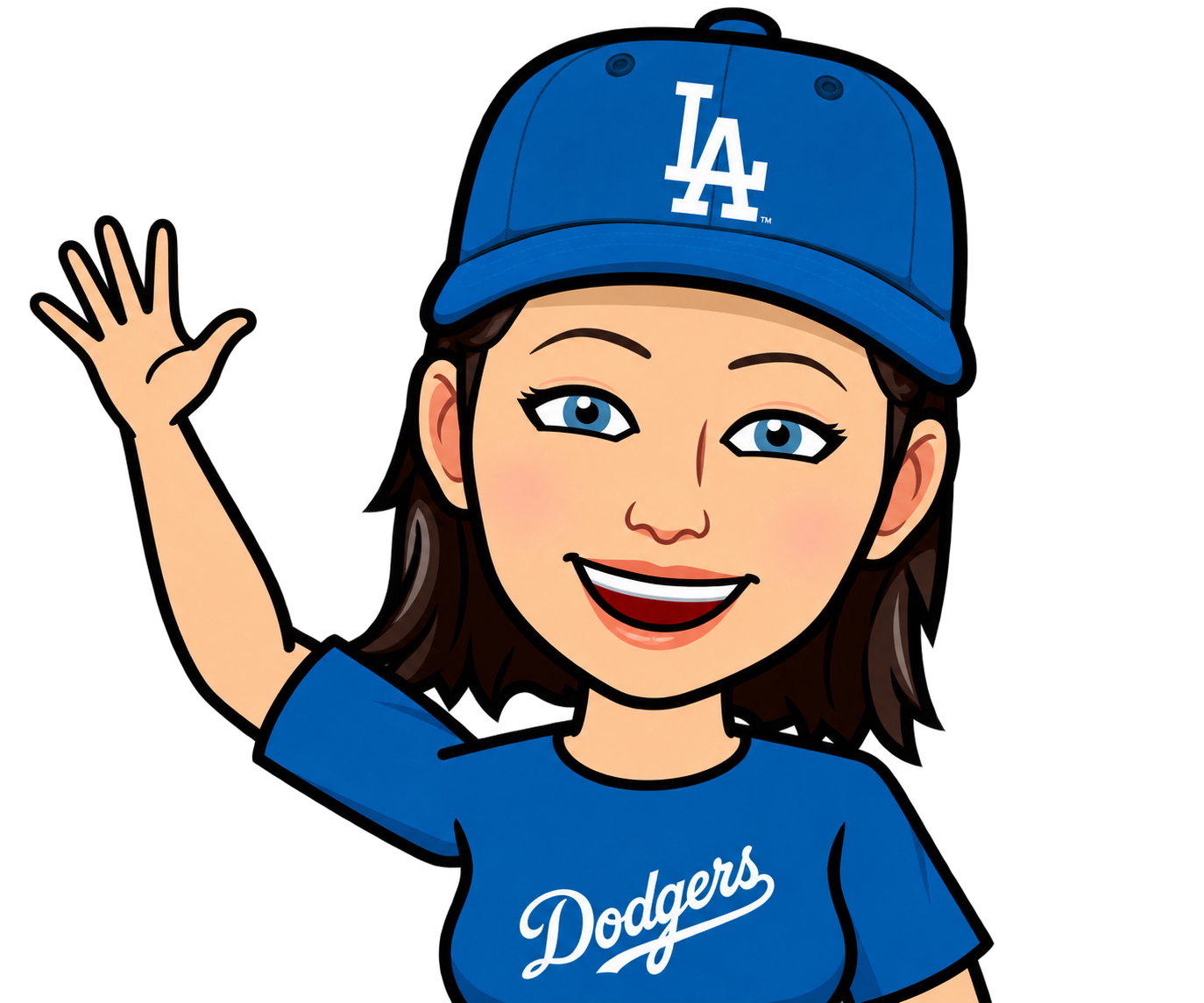 Mrs. Brown waving in an LA Dodgers cap and shirt